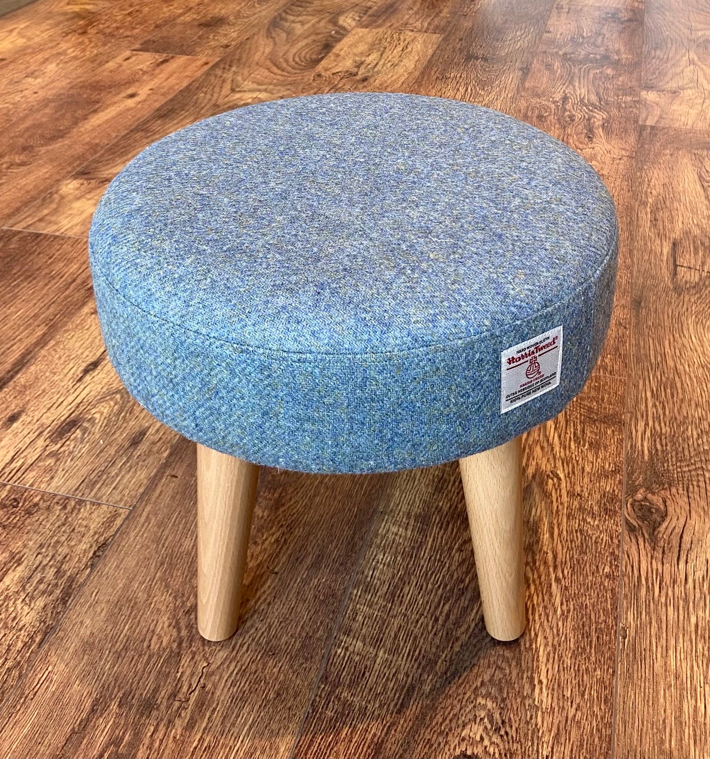 Light Blue Harris Tweed Footstool with Varnished Wooden Legs