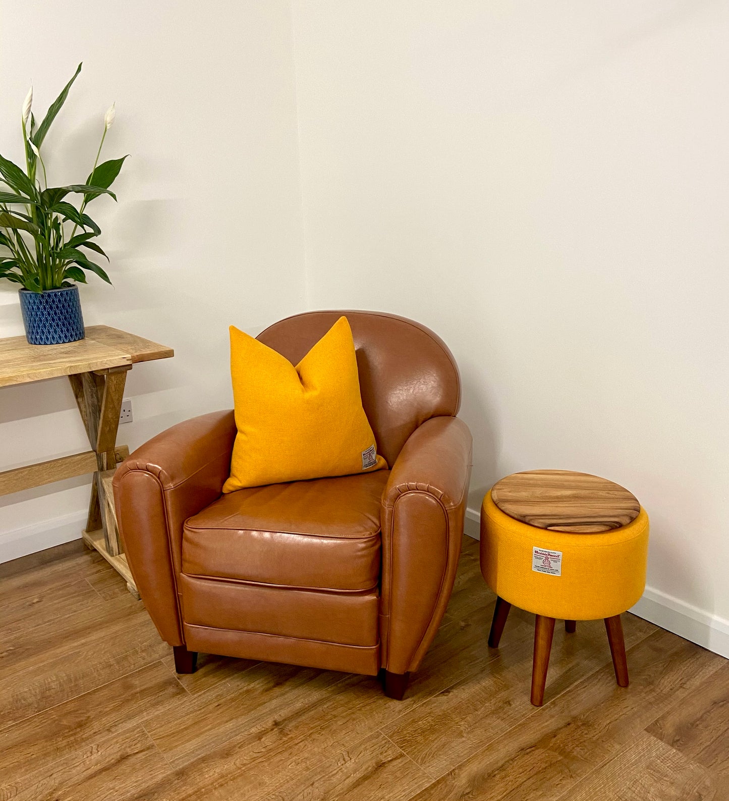 Yellow Side Table, Harris Tweed with Removable Wooden Top and Dark Varnished Wooden Legs