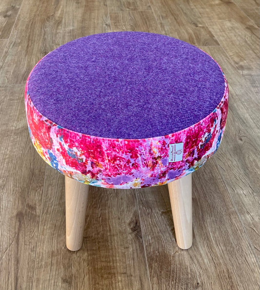 Paint Spray Velvet and Purple Harris Tweed Small Footstool