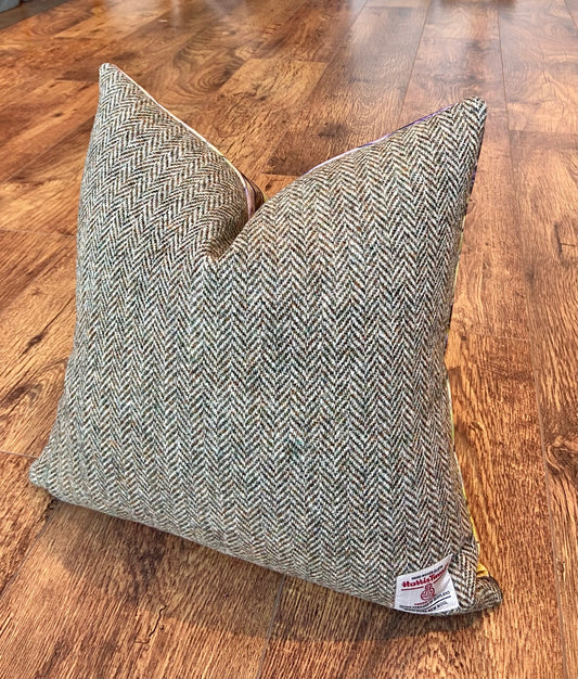 Organic Cotton Highland Cow and Brown Harris Tweed Cushion, Handmade, 16”
