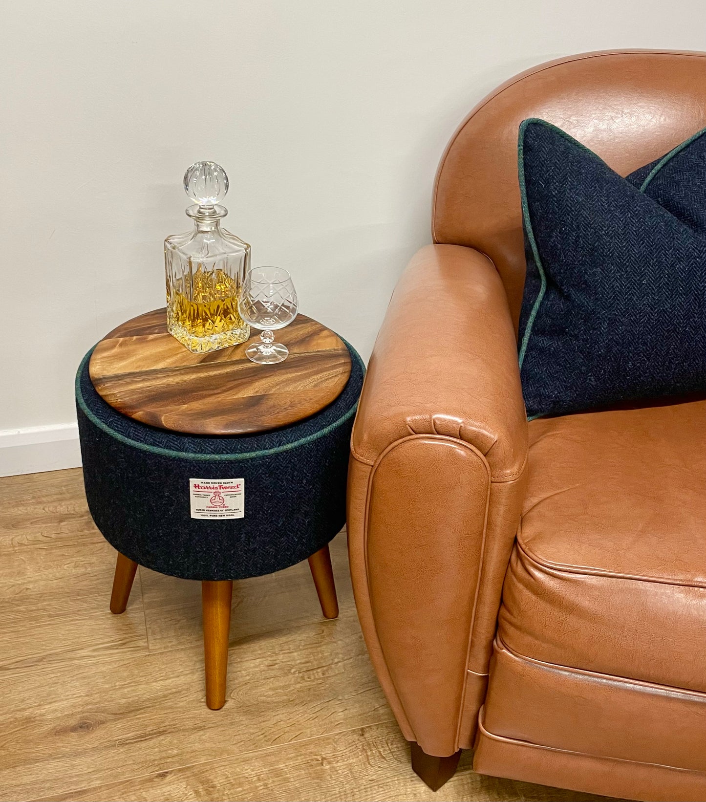 End Table, Navy Harris Tweed with Green Piping and Removable Wooden Top