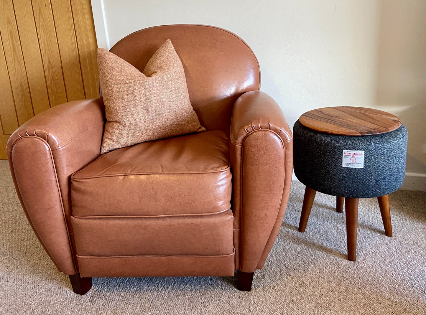 Side Table, Charcoal Harris Tweed with Removable Wooden Top and Dark Varnished Wooden Legs