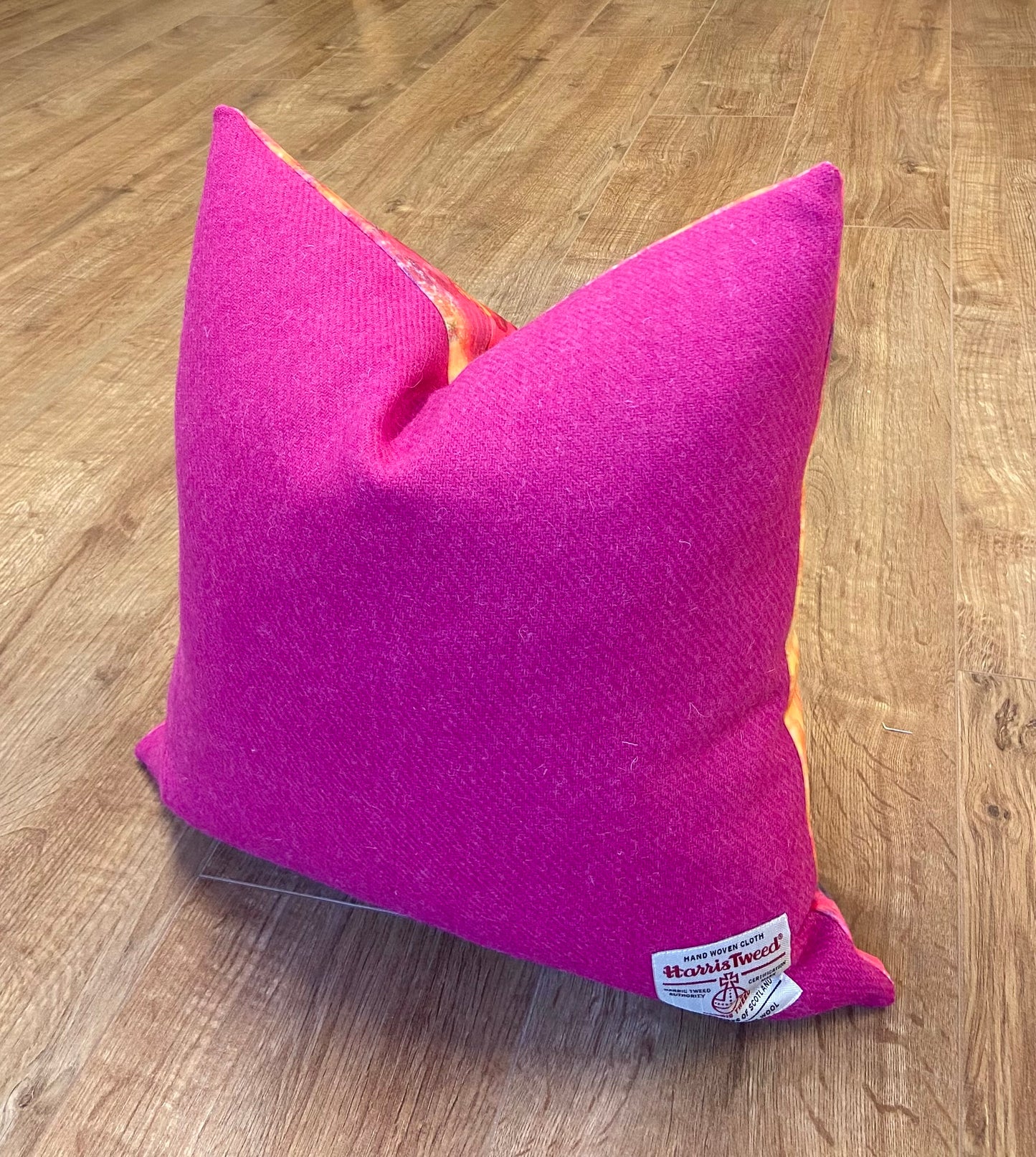 Fire Velvet and Bright Pink Harris Tweed Cushion, Handmade, 18”