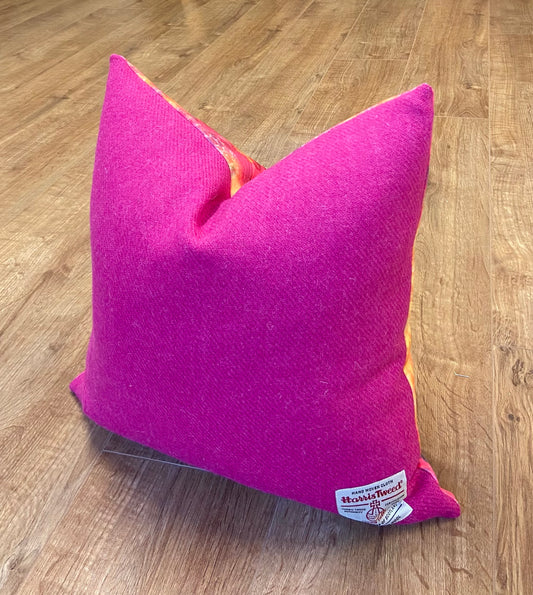 Fire Velvet and Bright Pink Harris Tweed Cushion, Handmade, 18”
