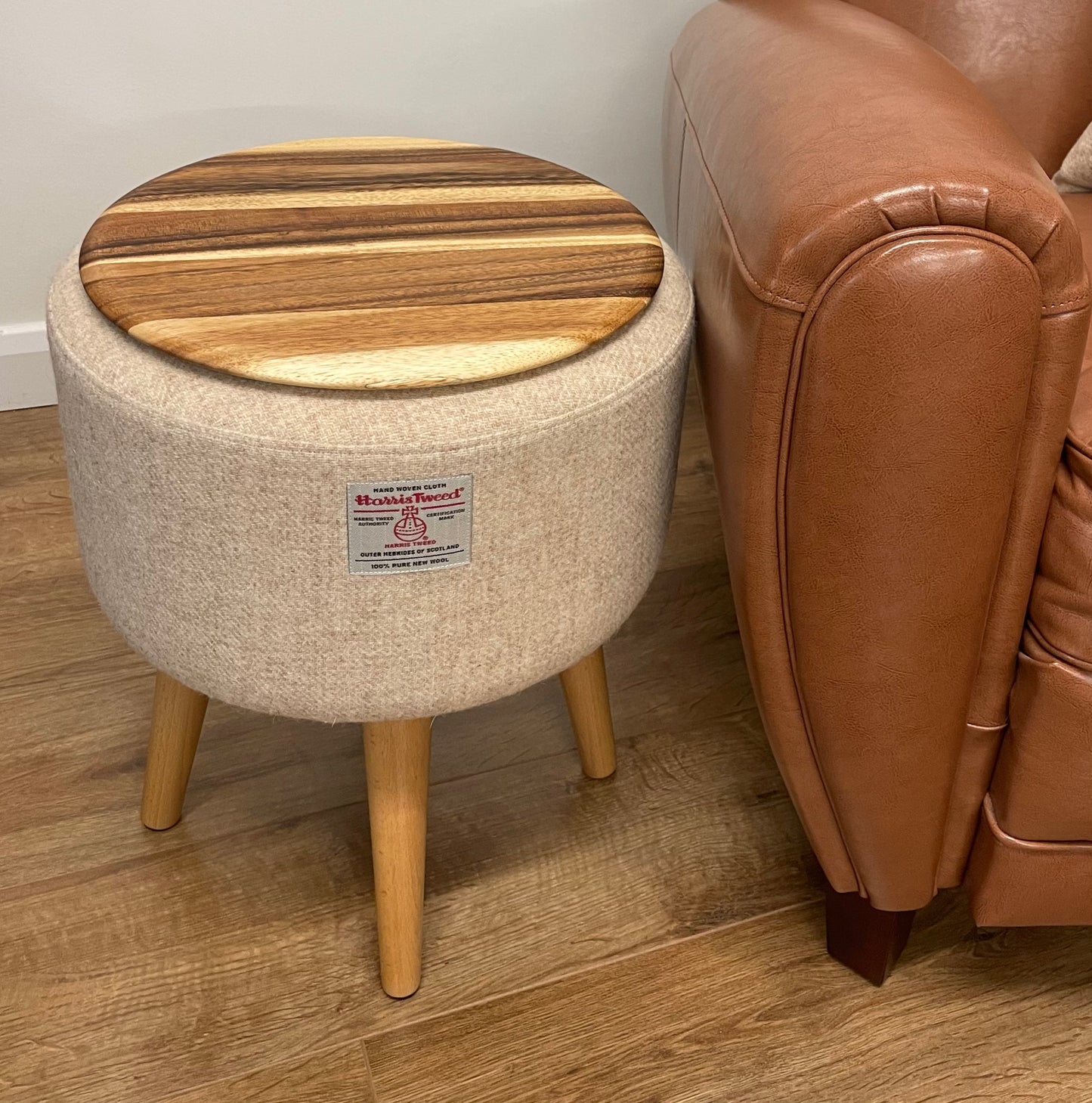 End Table, Oatmeal Cream Harris Tweed with Removable Wooden Top and Varnished Wooden Legs