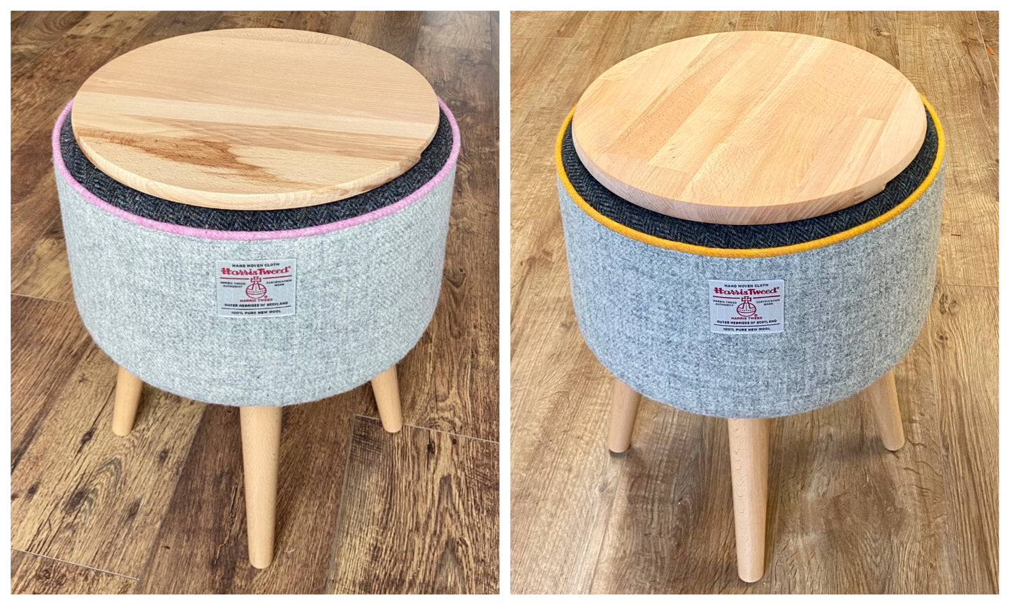 End Table, Grey Harris Tweed with Pink Piping and Removable Wooden Top