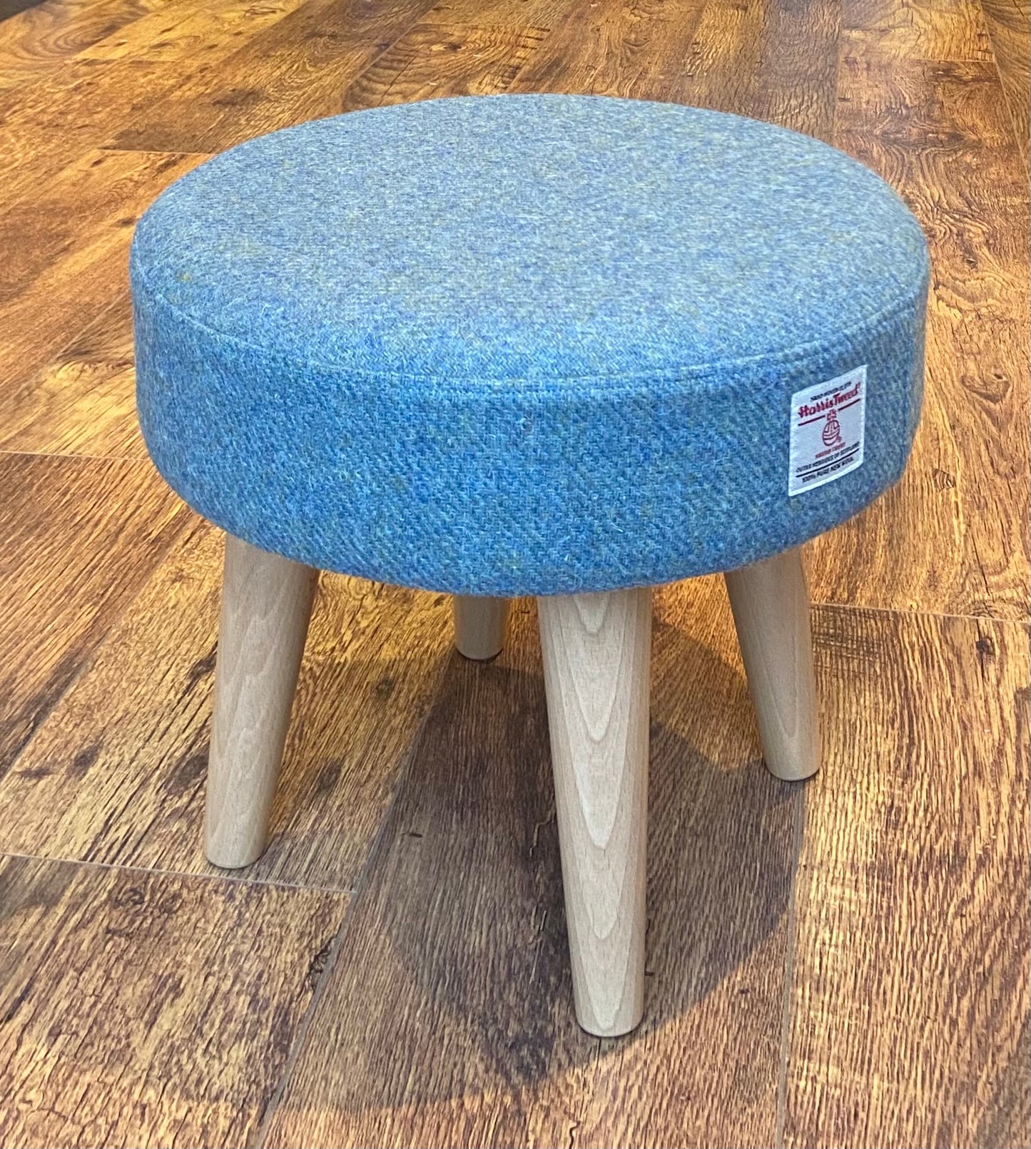 Light Blue Harris Tweed Footstool with Varnished Wooden Legs