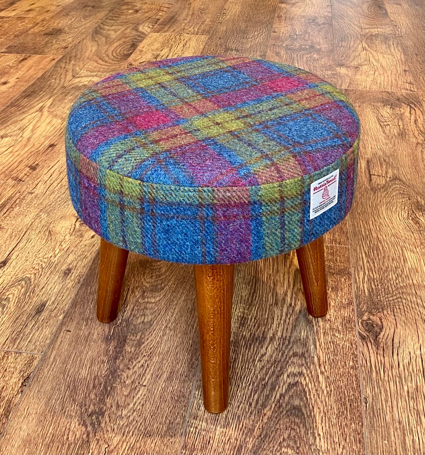 Colourful Tartan Harris Tweed Footstool with Dark Varnished Wooden Legs