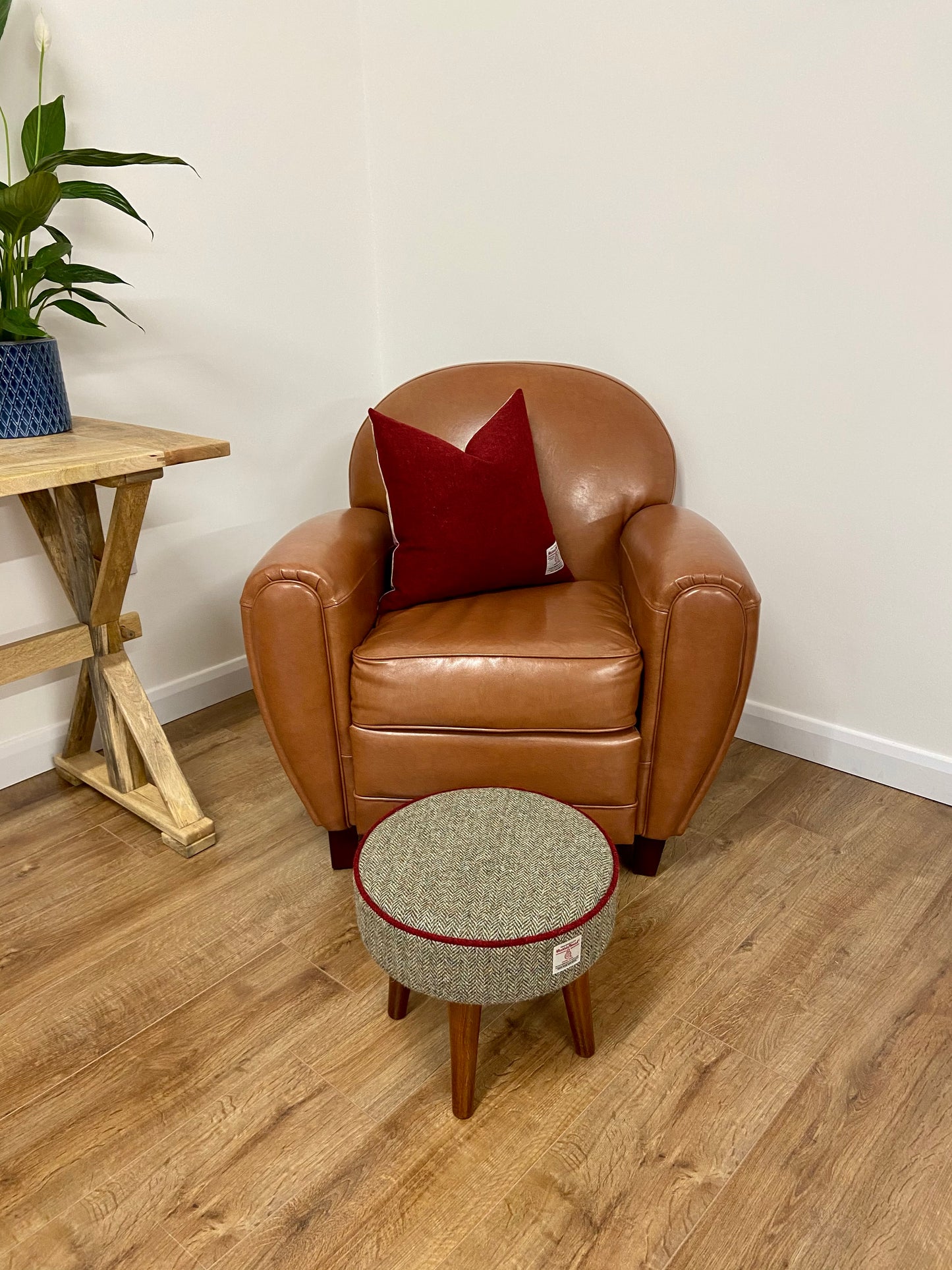 Brown Harris Tweed Footstool with Red Piping and Dark Varnished Wooden Legs