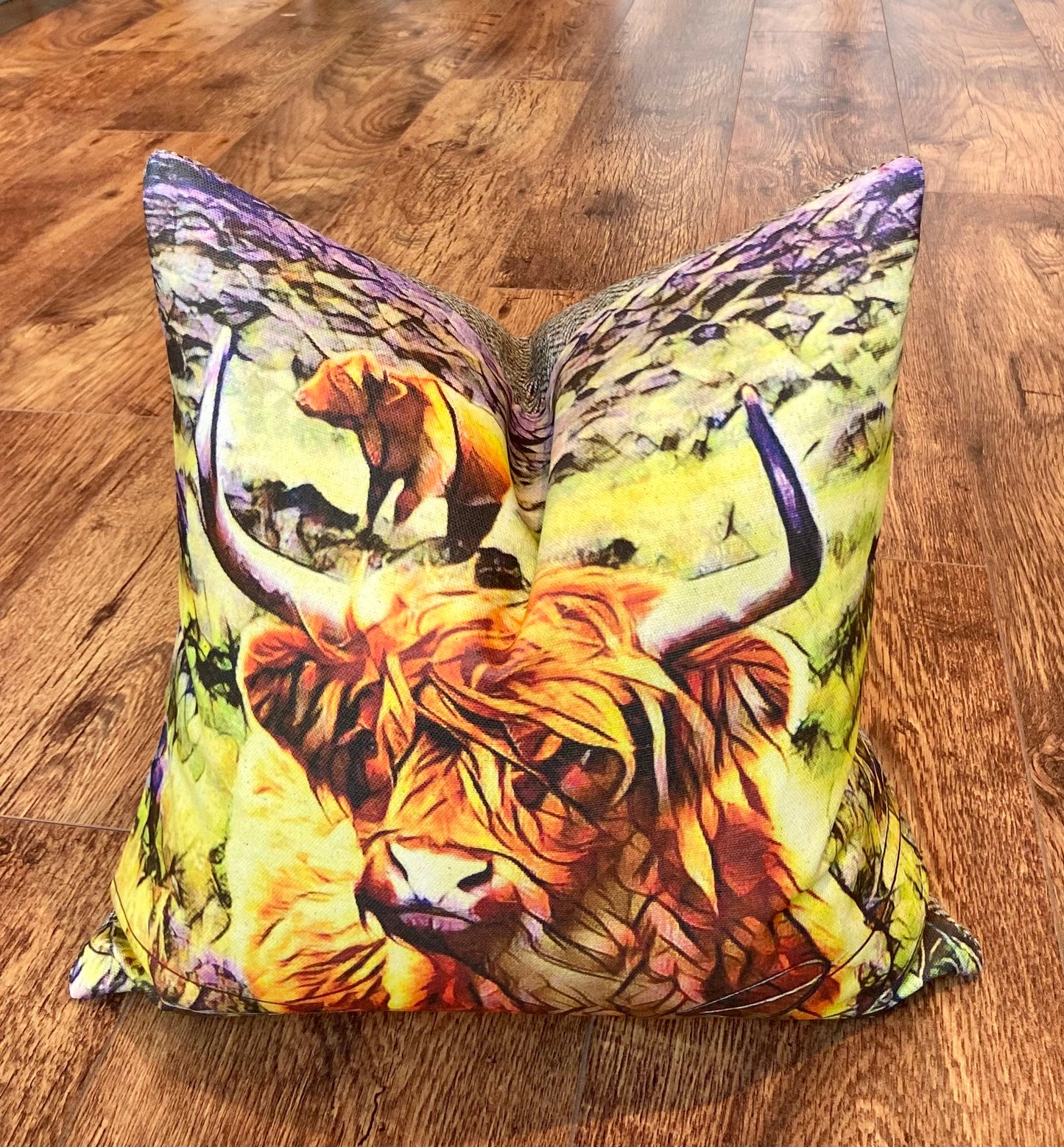 Organic Cotton Highland Cow and Brown Harris Tweed Cushion, Handmade, 16”