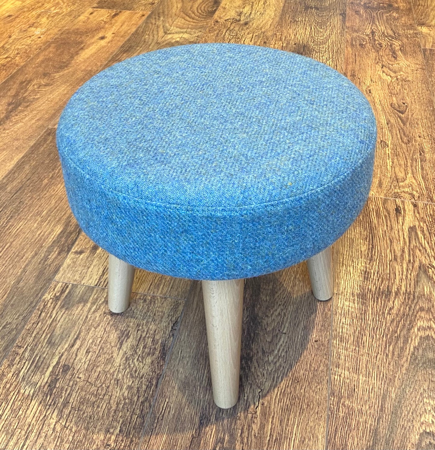 Light Blue Harris Tweed Footstool with Varnished Wooden Legs