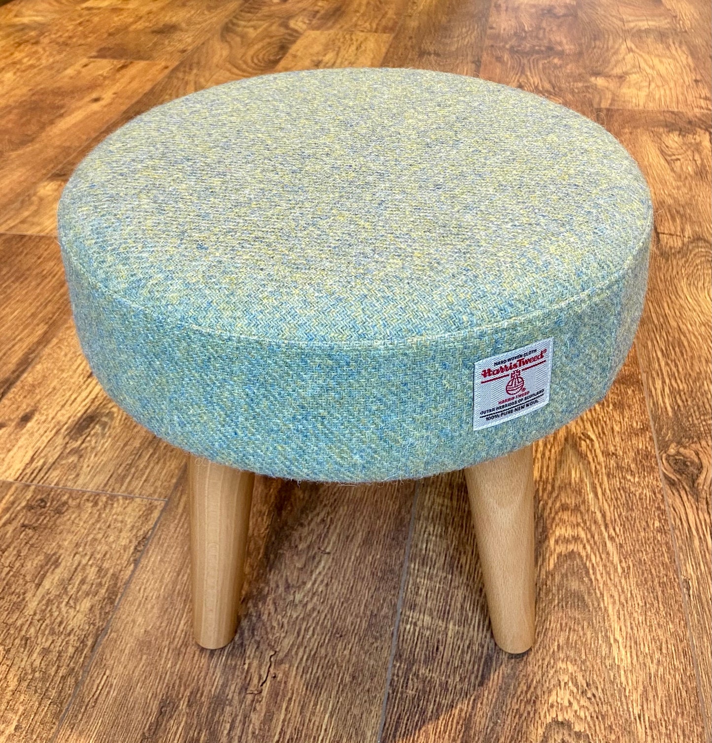 Light Green Harris Tweed Footstool with Varnished Wooden Legs