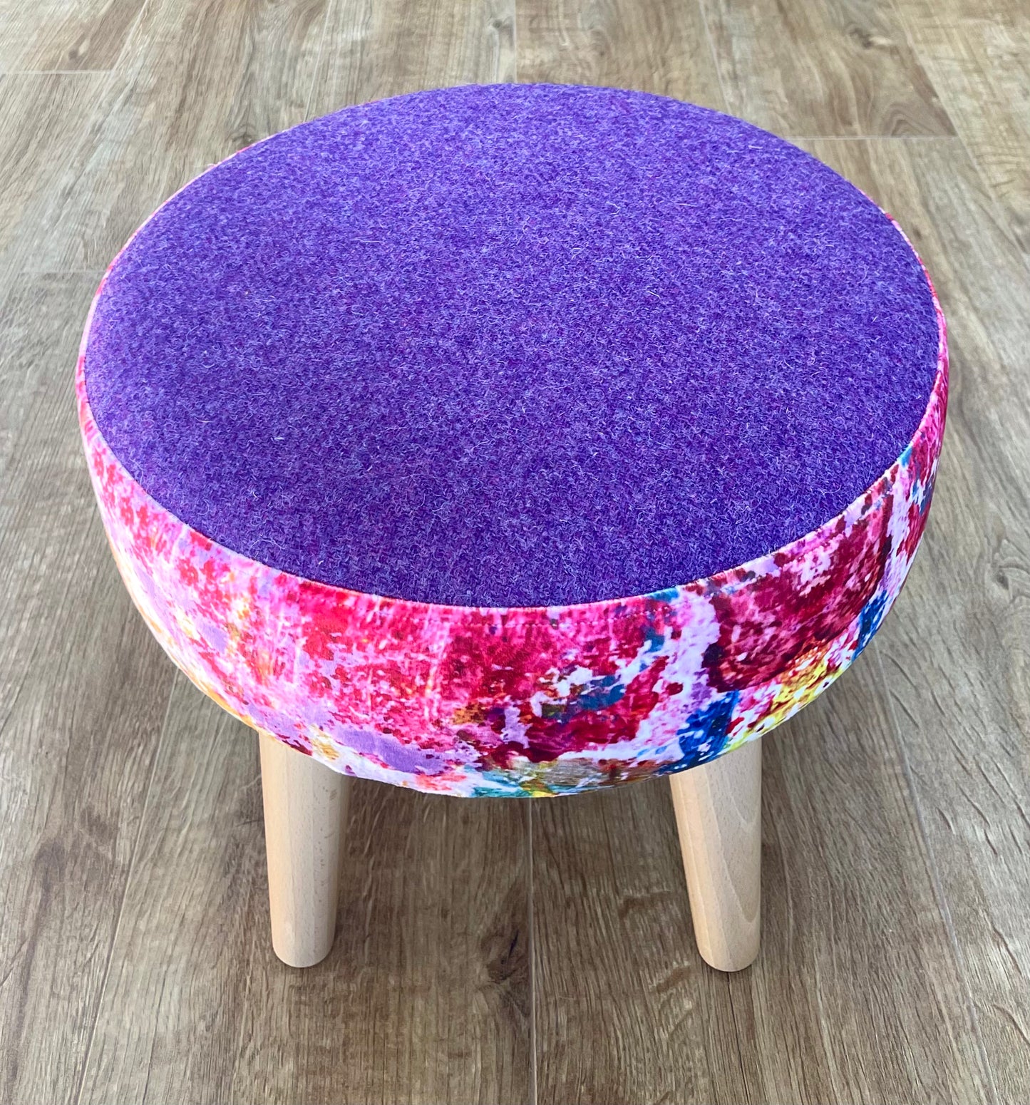 Paint Spray Velvet and Purple Harris Tweed Small Footstool