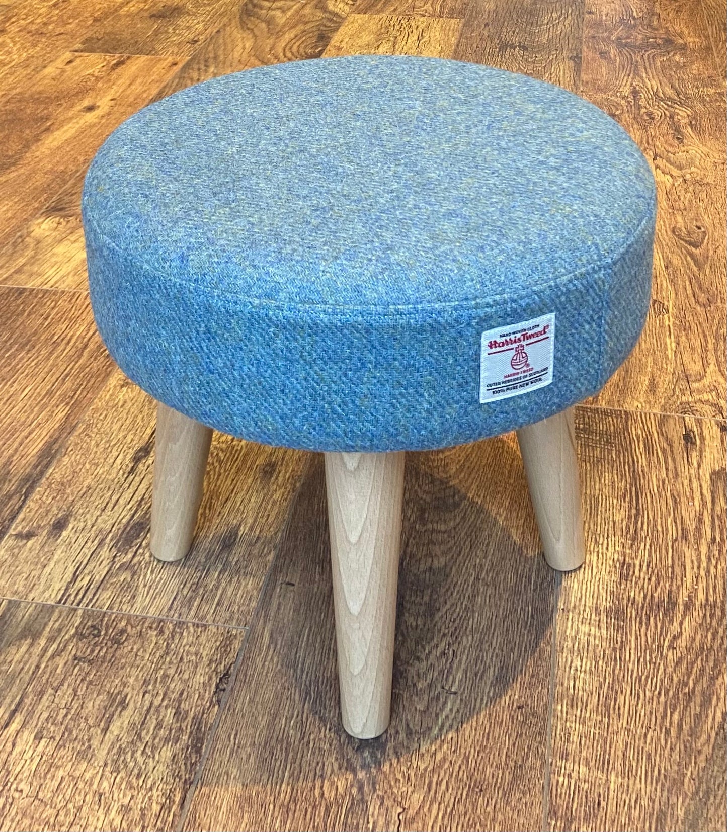 Light Blue Harris Tweed Footstool with Varnished Wooden Legs