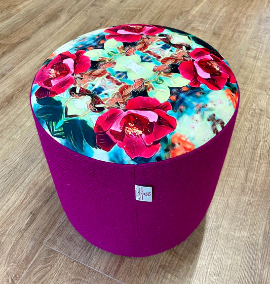 Red Rose Velvet and Fuchsia Harris Tweed Small Floating Footstool