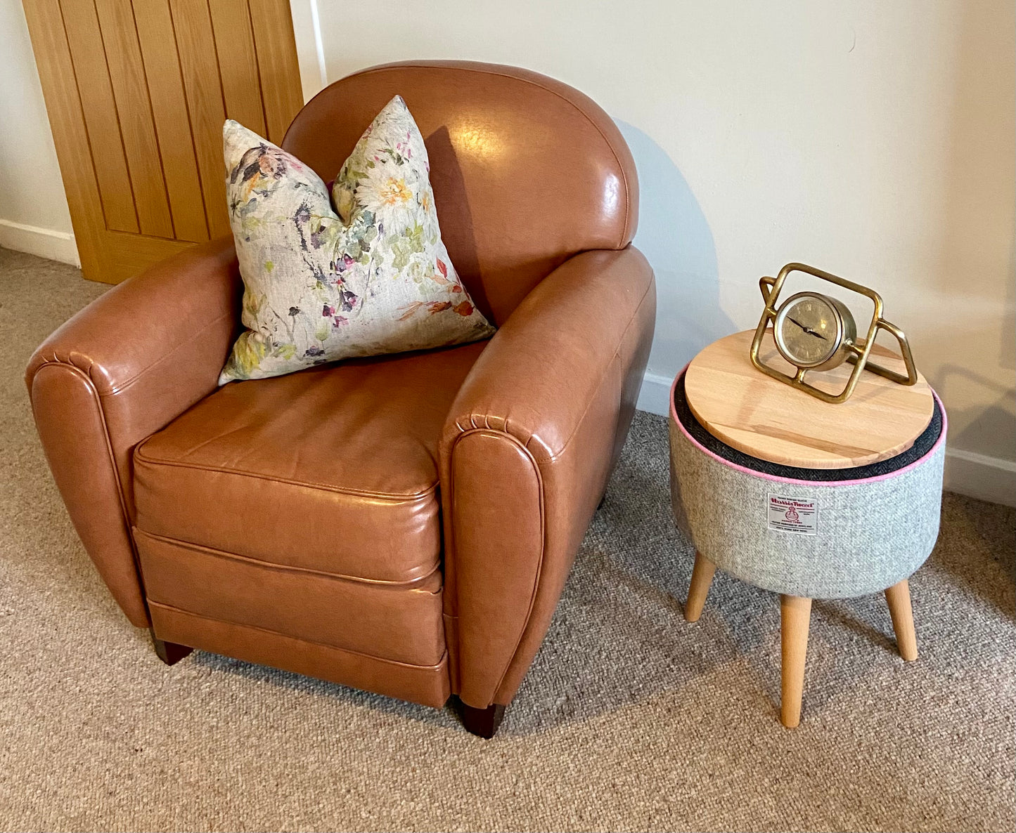 End Table, Grey Harris Tweed with Pink Piping and Removable Wooden Top