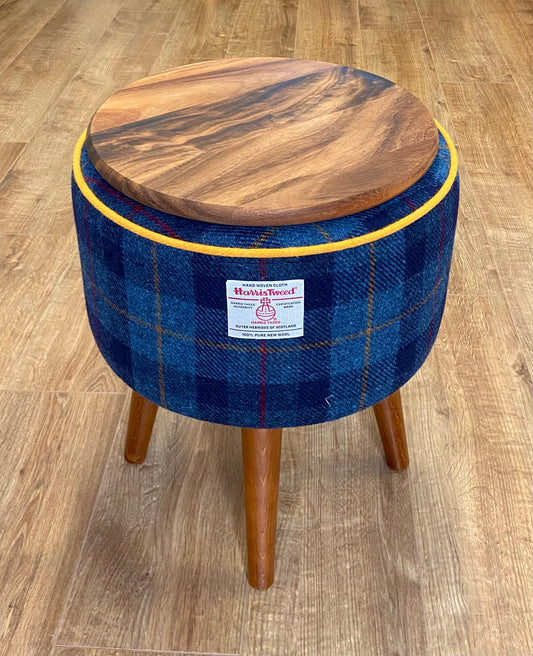 End Table, Blue Tartan Harris Tweed with Yellow Piping and Removable Wooden Top