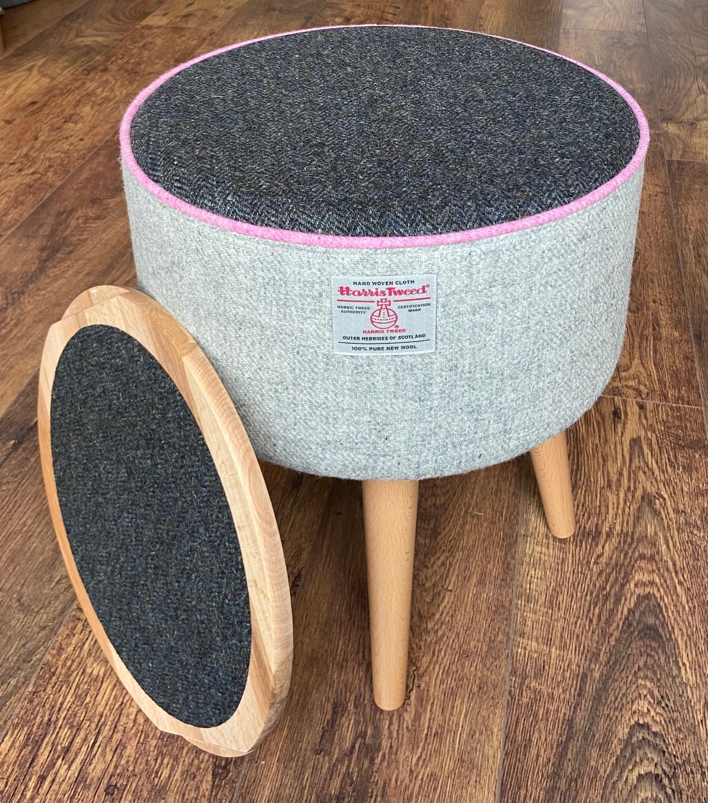 End Table, Grey Harris Tweed with Pink Piping and Removable Wooden Top