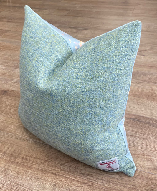 Bee with Pollen on Duck Egg Velvet Cushion with Harris Tweed