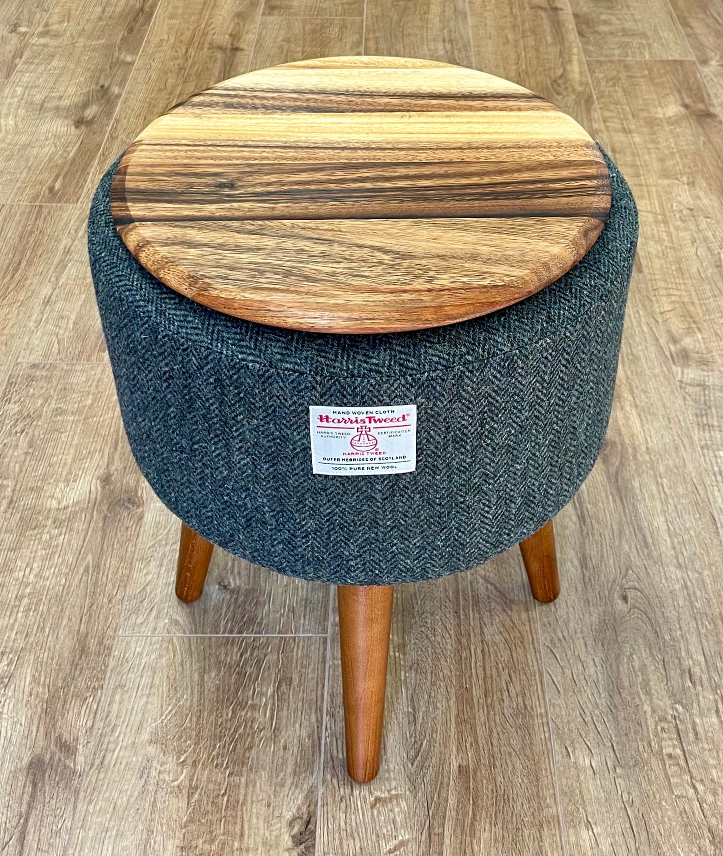 Side Table, Charcoal Harris Tweed with Removable Wooden Top and Dark Varnished Wooden Legs