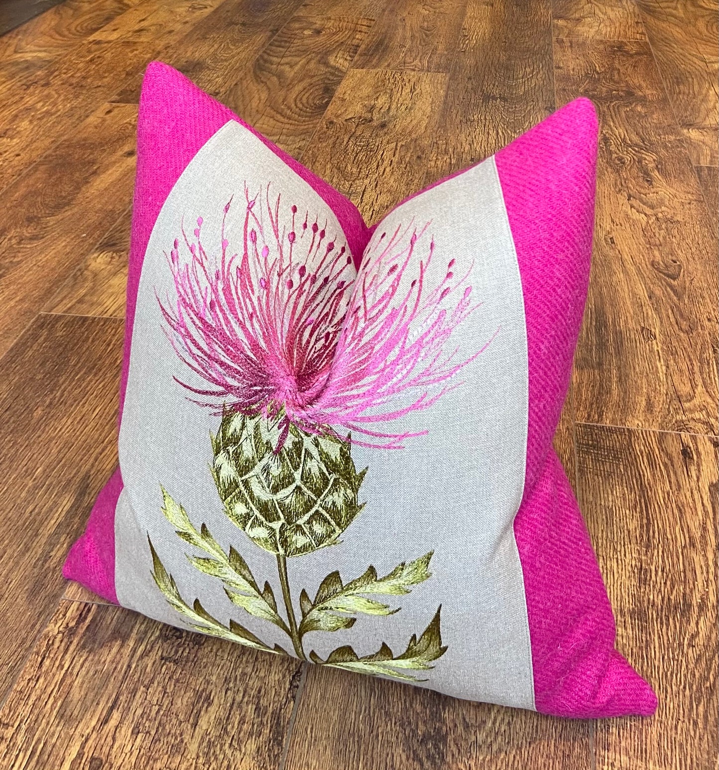 Vibrant Pink Embroidered Thistle and Harris Tweed Cushion 18”
