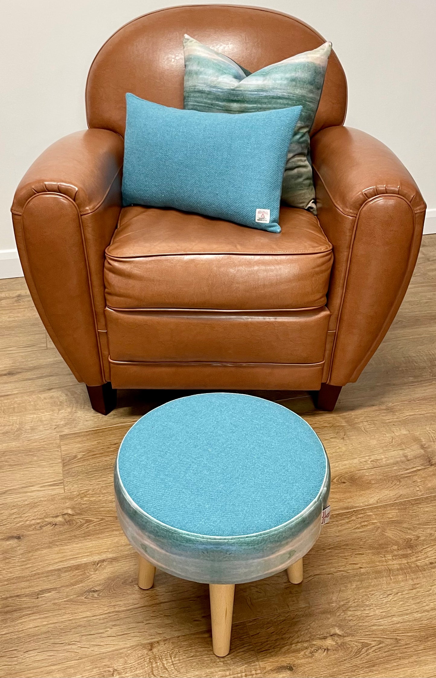 Turquoise Sea Velvet and Harris Tweed Small Footstool