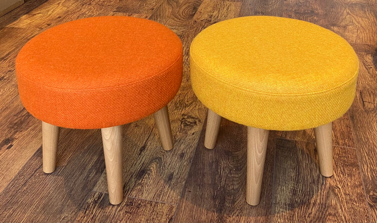 Orange Harris Tweed Footstool with Dark Varnished Wooden Legs