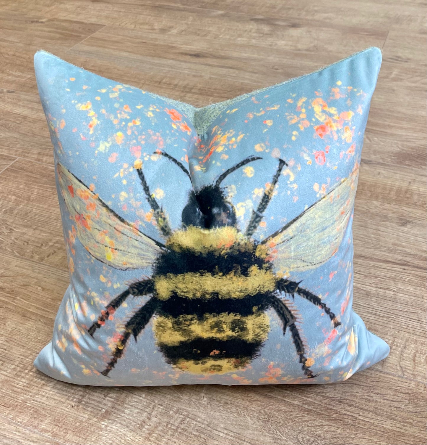 Bee with Pollen on Duck Egg Velvet Cushion with Harris Tweed
