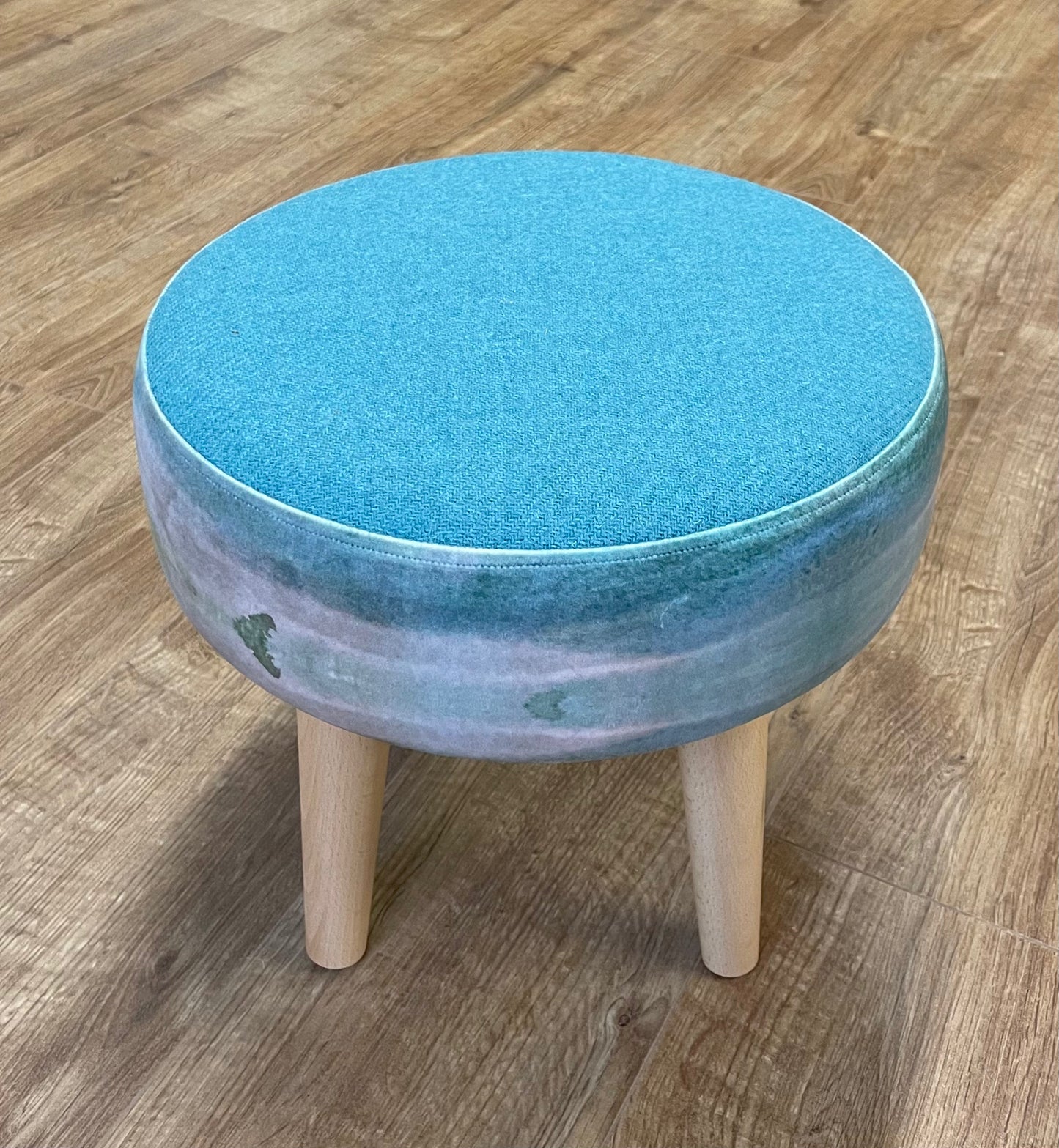 Turquoise Sea Velvet and Harris Tweed Small Footstool