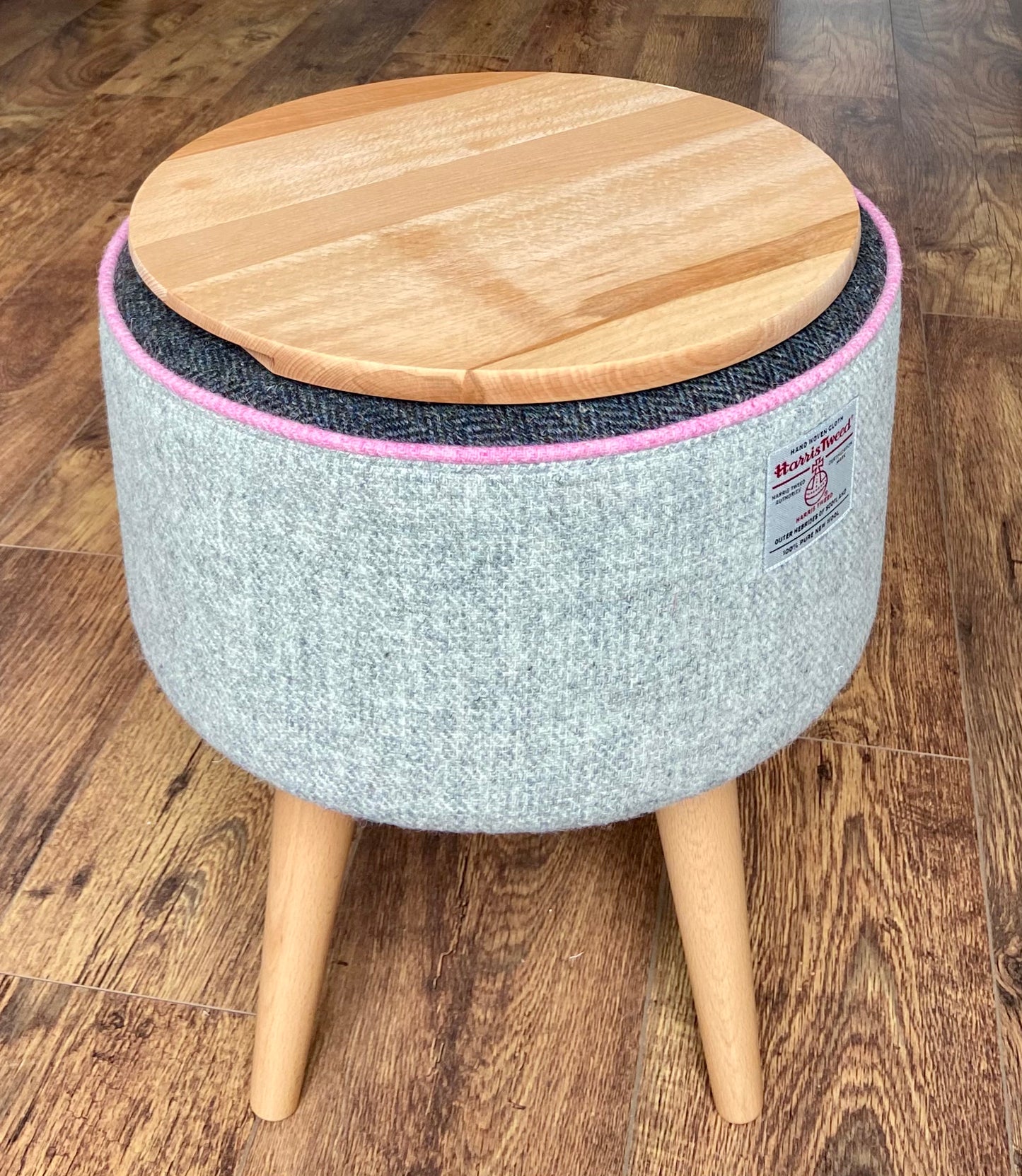 End Table, Grey Harris Tweed with Pink Piping and Removable Wooden Top