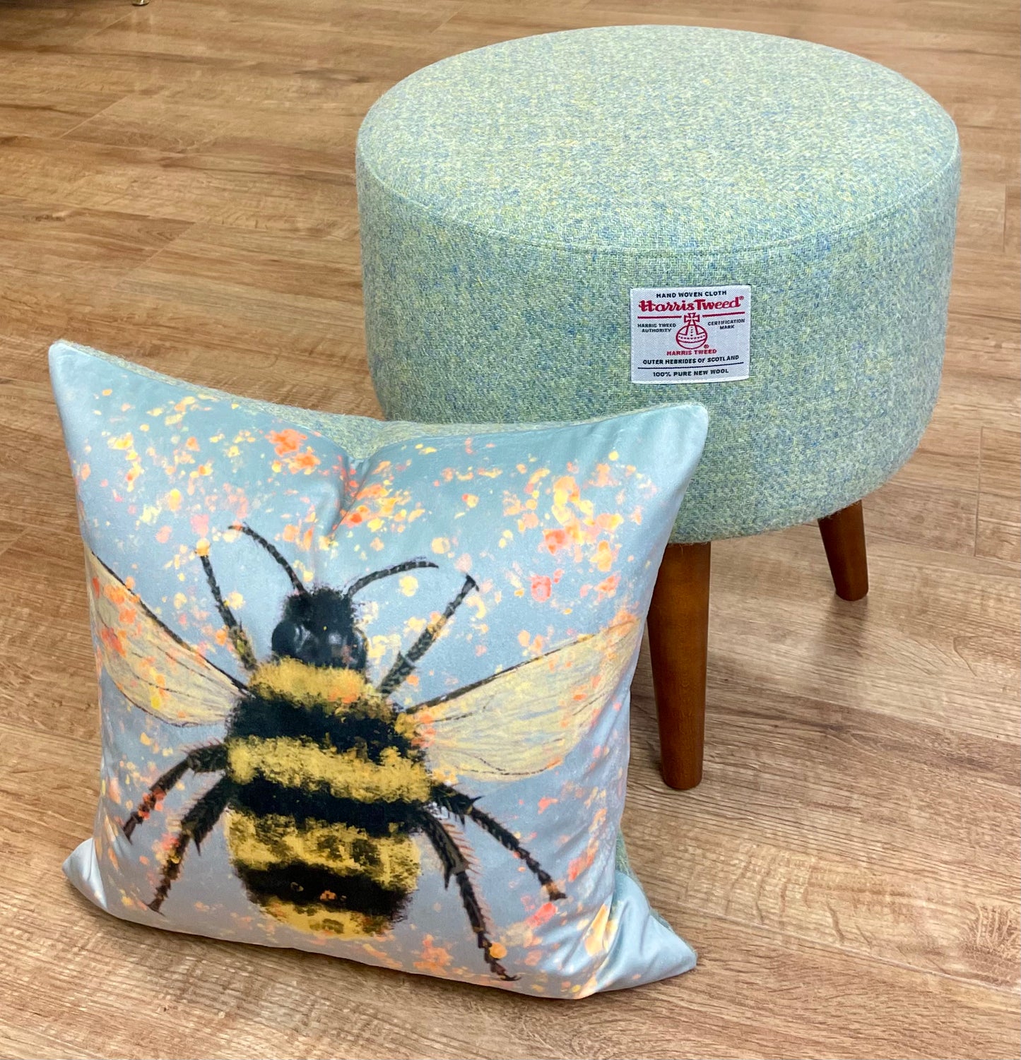 Bee with Pollen on Duck Egg Velvet Cushion with Harris Tweed