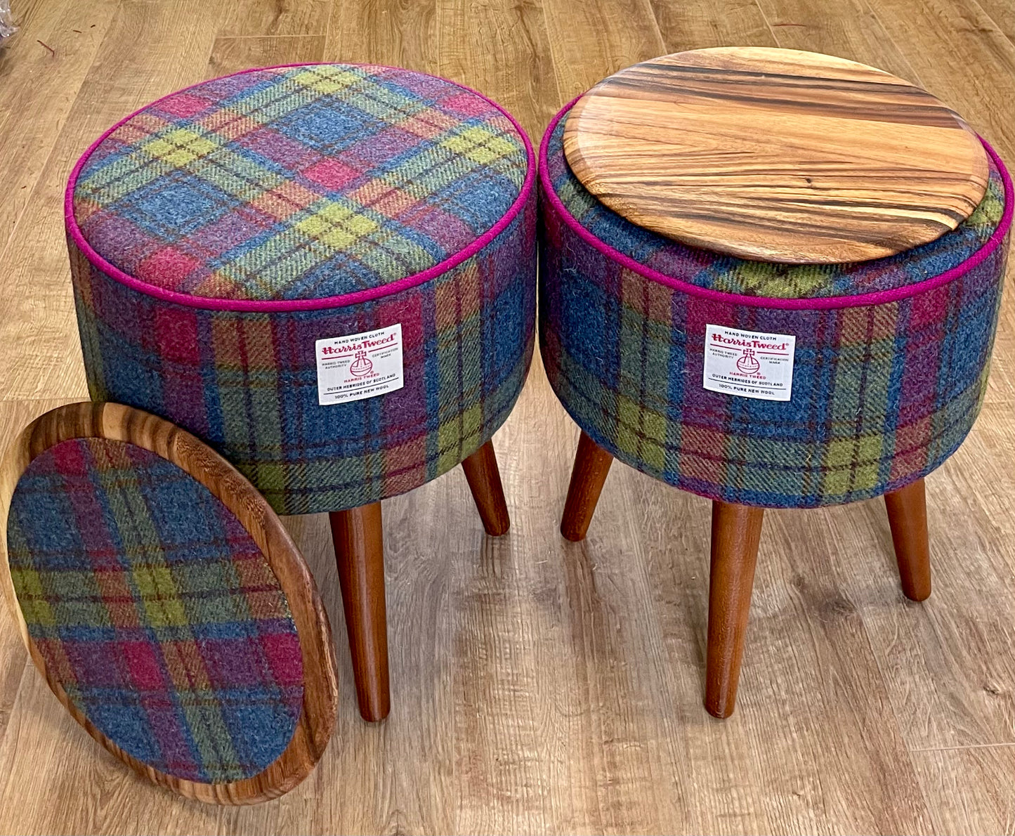 Colourful Tartan Harris Tweed End Table with Fuchsia Piping and Removable Wooden Top