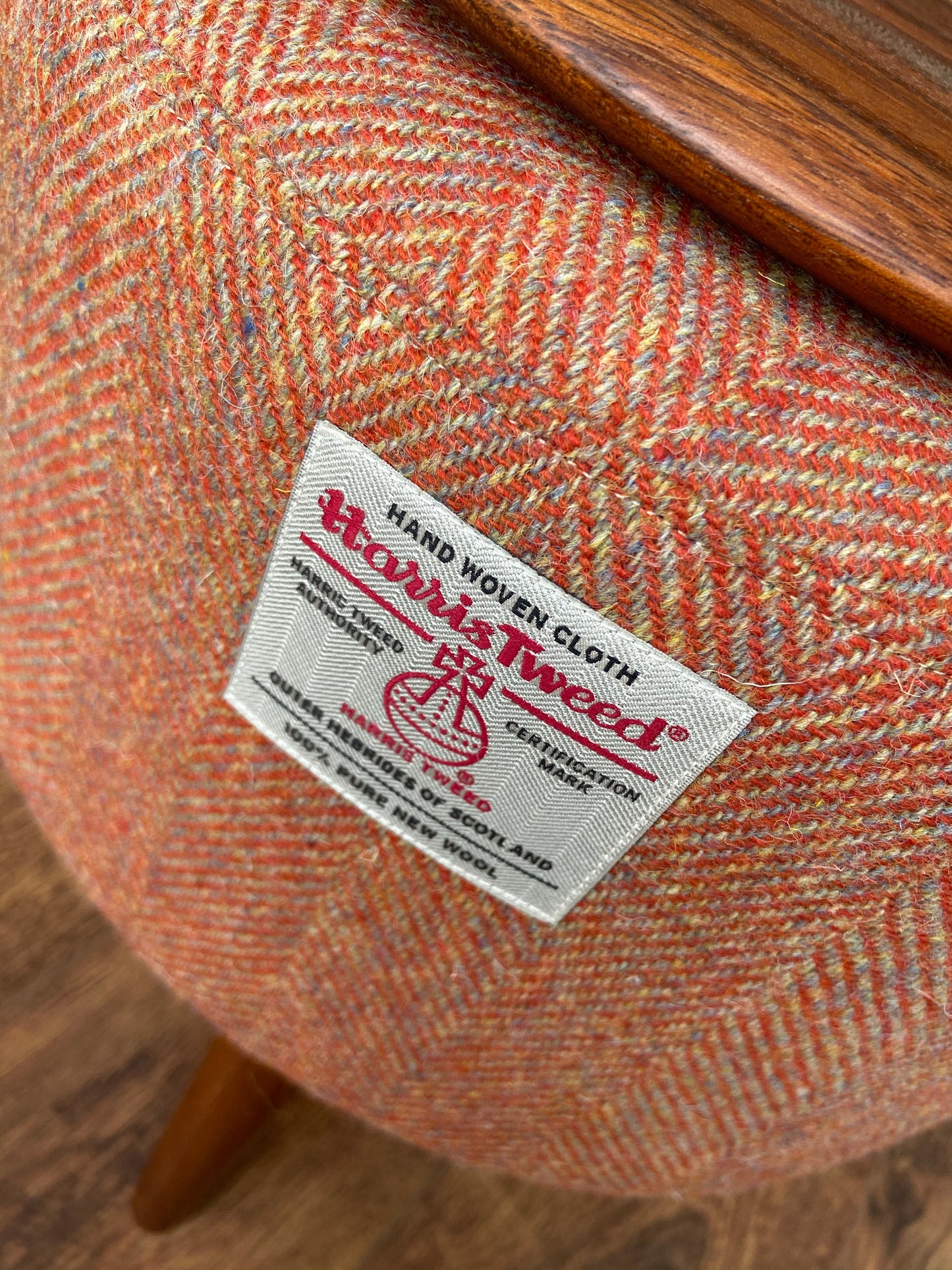 End Table, Rust Harris Tweed Herringbone with Removable Wooden Top and Dark Varnished Wooden Legs