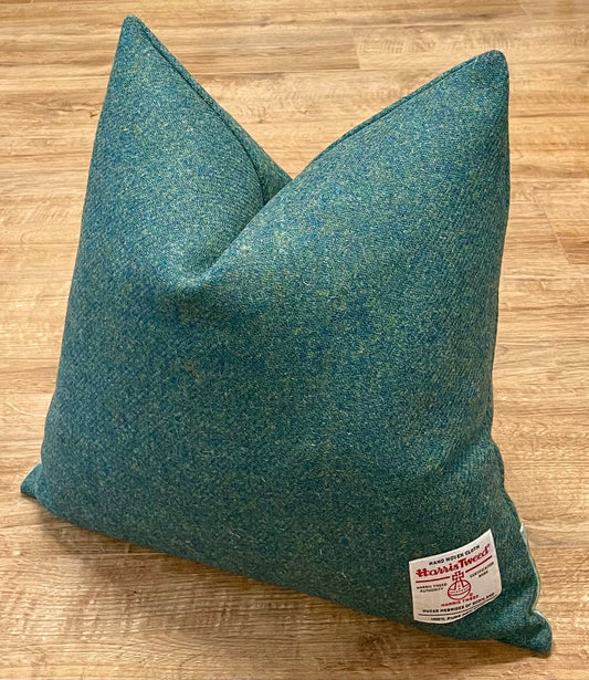 Green Harris Tweed Cushion with Emerald Sea Velvet Trim 18”