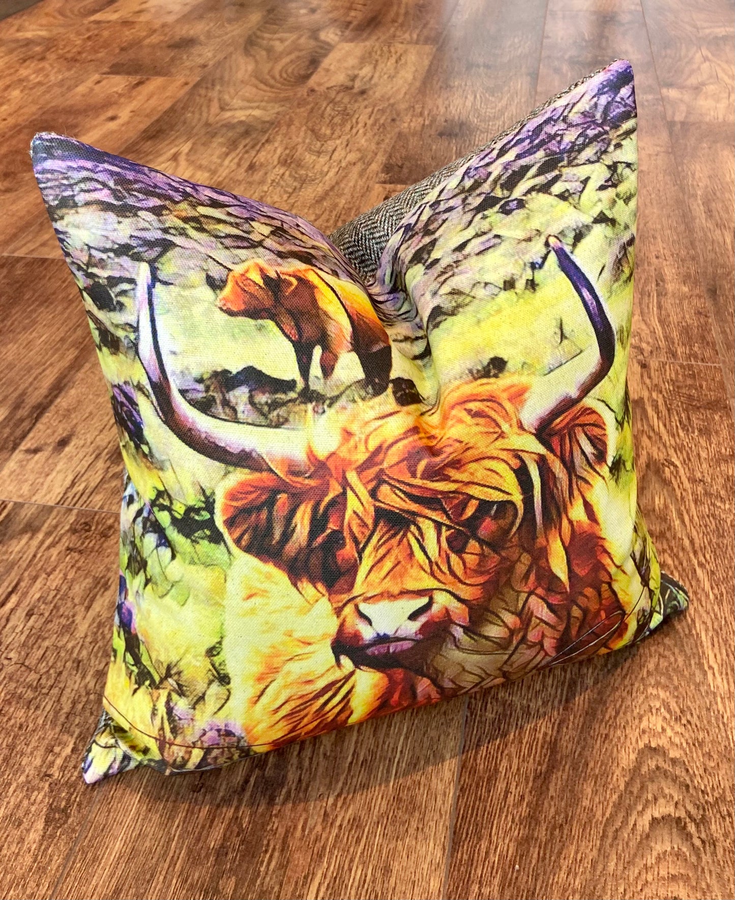 Organic Cotton Highland Cow and Brown Harris Tweed Cushion, Handmade, 16”
