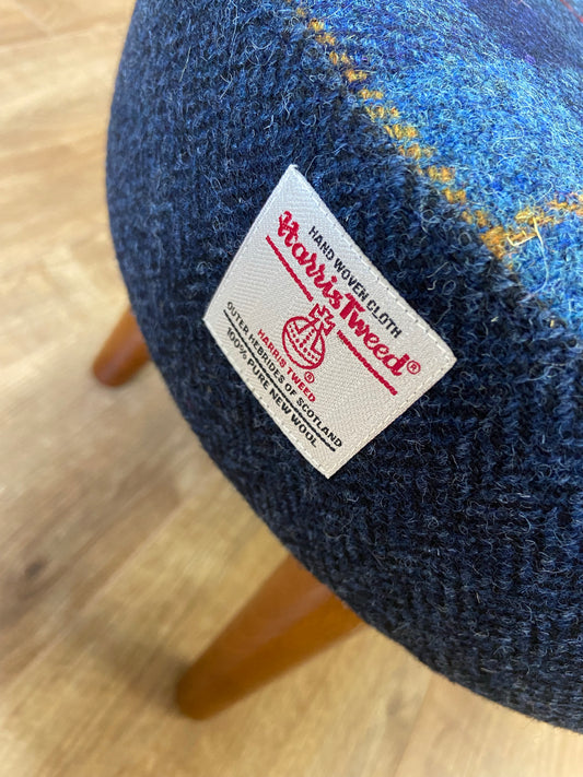 Small Tartan and Navy Blue Herringbone Harris Tweed Footstool