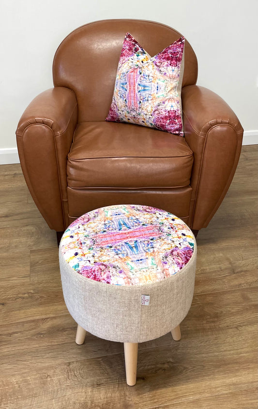 Paint Spray Velvet and Oatmeal Harris Tweed Footstool