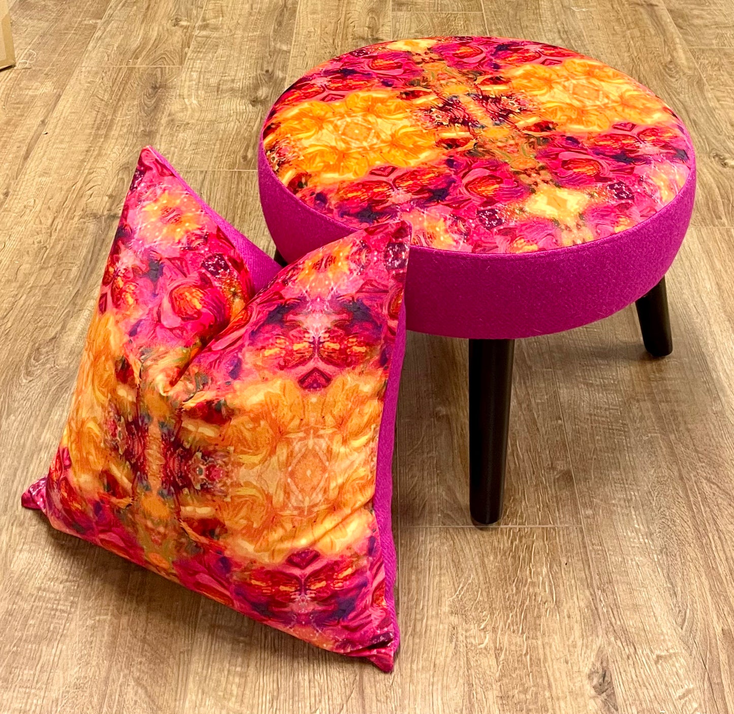 Fire Velvet and Bright Pink Harris Tweed Cushion, Handmade, 18”