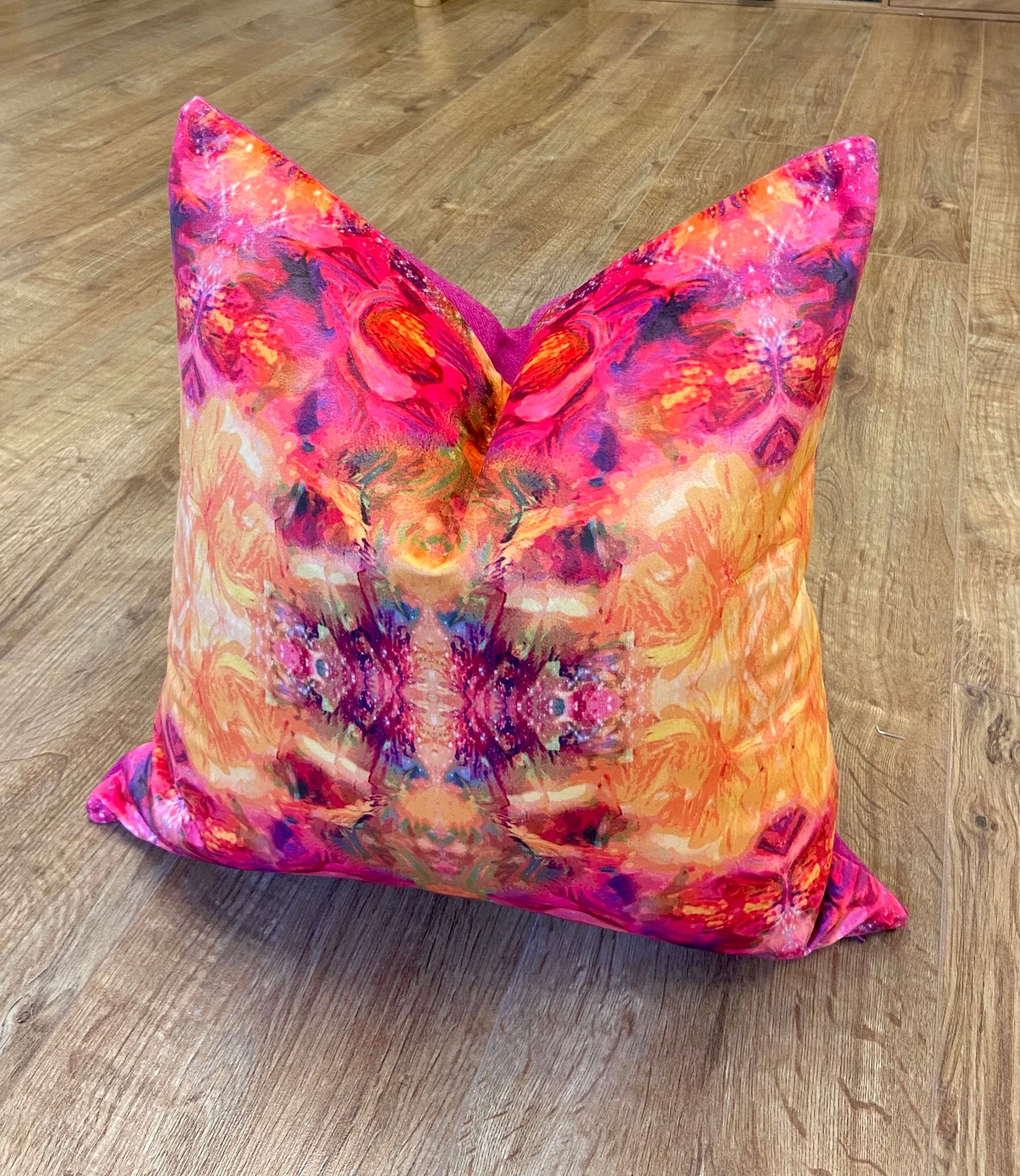 Fire Velvet and Bright Pink Harris Tweed Cushion, Handmade, 18”