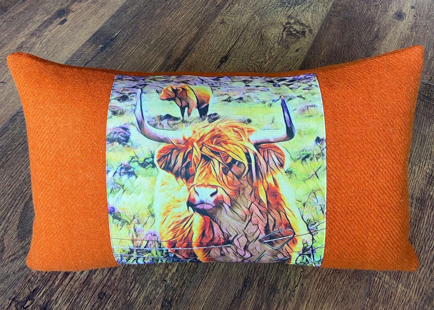Handmade Highland Cow and Orange Harris Tweed Cushion