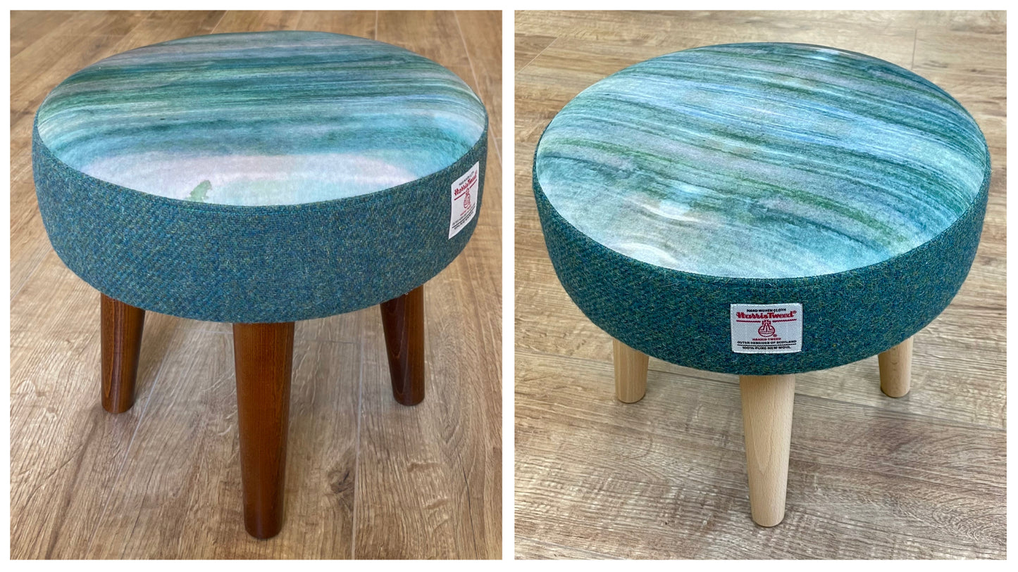 Emerald Sea Velvet and Harris Tweed Footstool