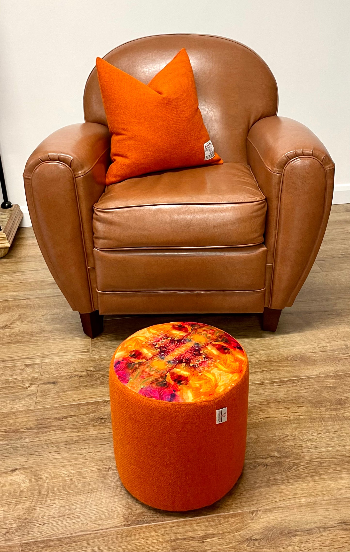 Fire Velvet and Orange Harris Tweed Small Floating Footstool