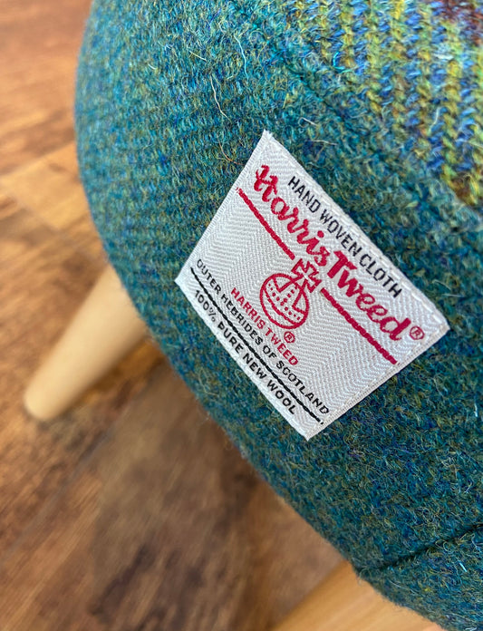 Colourful Tartan and Green Harris Tweed Footstool with Varnished Wooden Legs