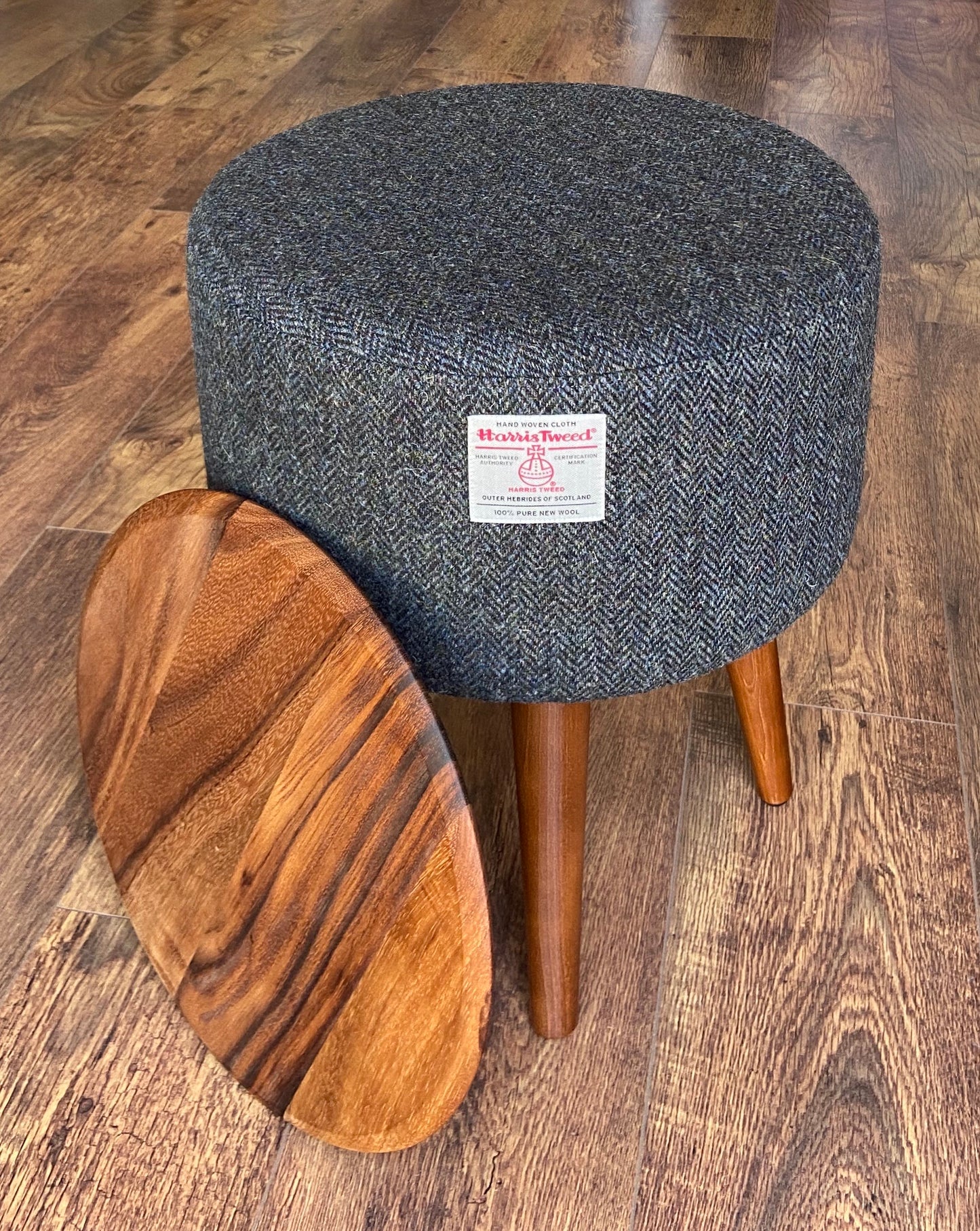 Side Table, Charcoal Harris Tweed with Removable Wooden Top and Dark Varnished Wooden Legs