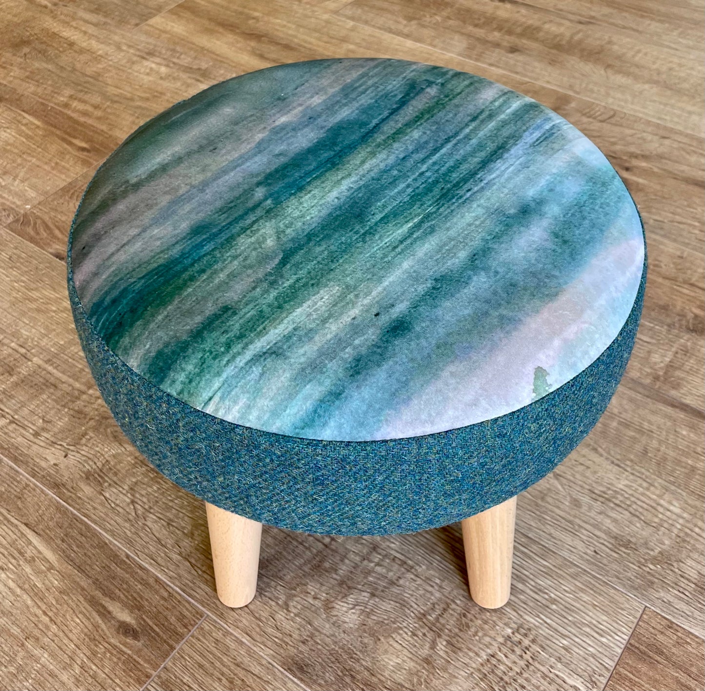 Emerald Sea Velvet and Harris Tweed Small Footstool