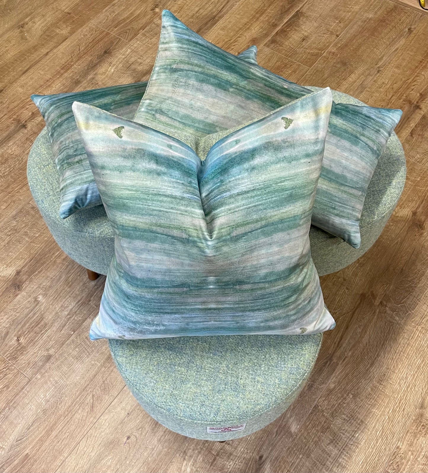 Emerald Sea Velvet and Light Green Harris Tweed Cushion 18”