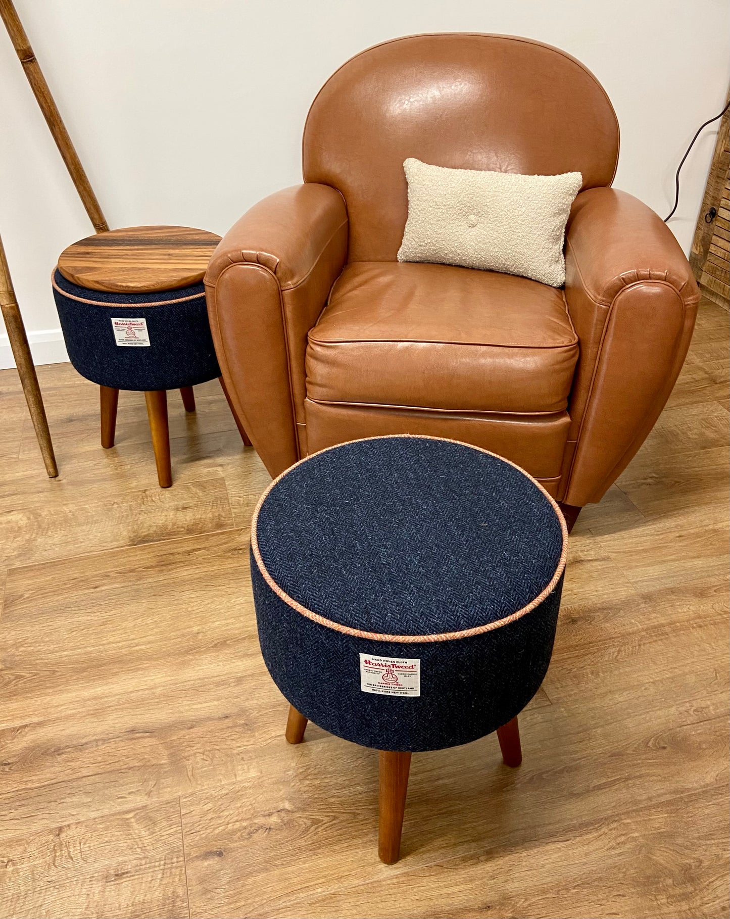 Navy Harris Tweed End Table with Rust Piping and Removable Wooden Top