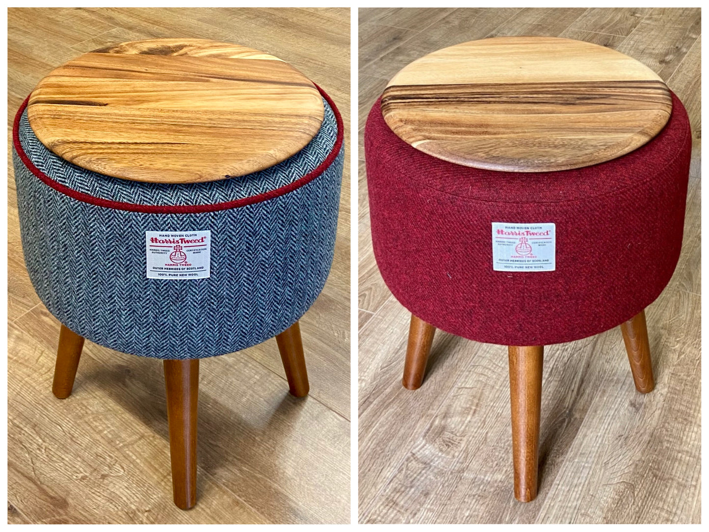 End Table, Black and White Herringbone Harris Tweed with Red Piping and Removable Wooden Top