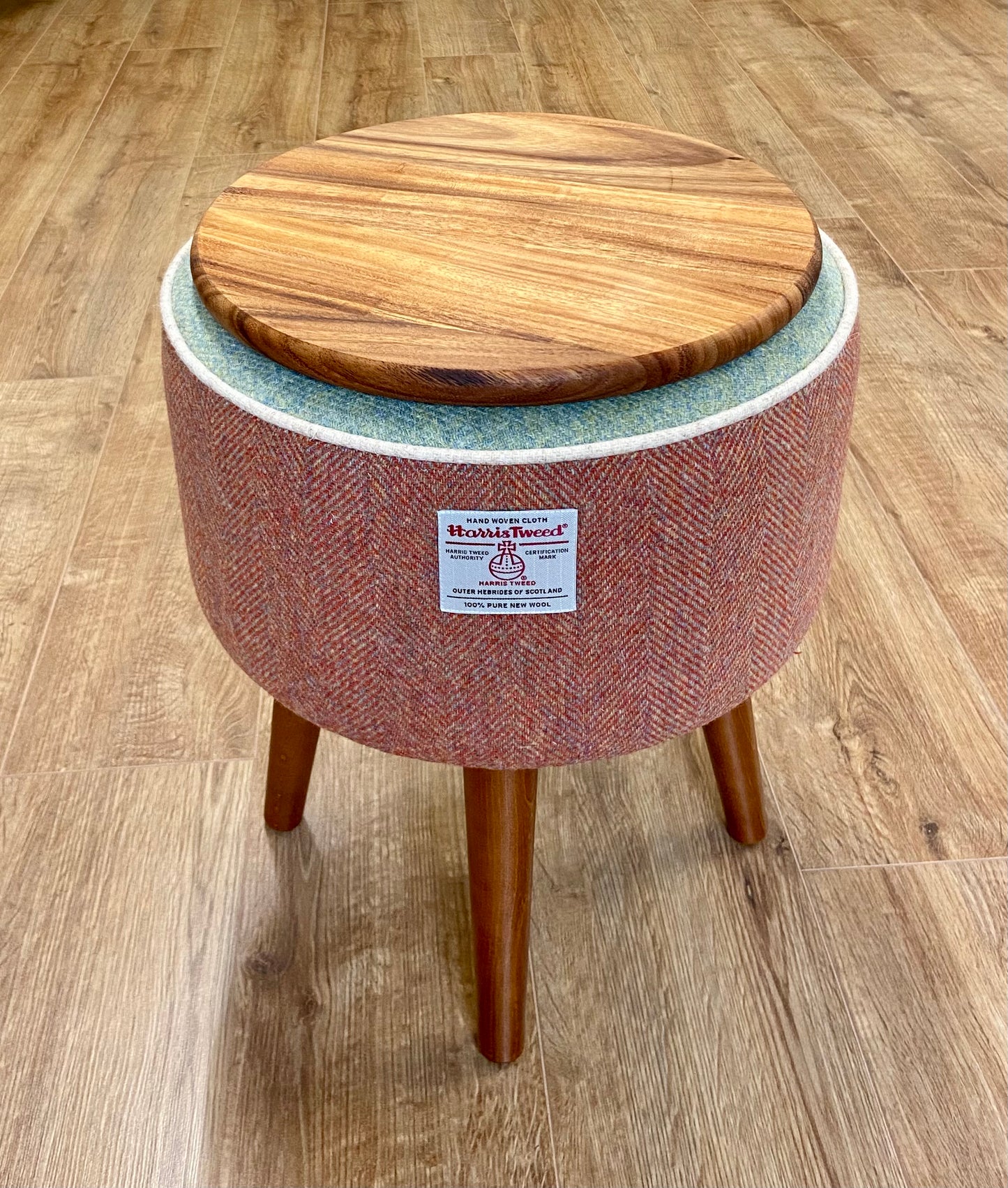 Rust and Green Harris Tweed End Table with Oatmeal Piping and Removable Wooden Top