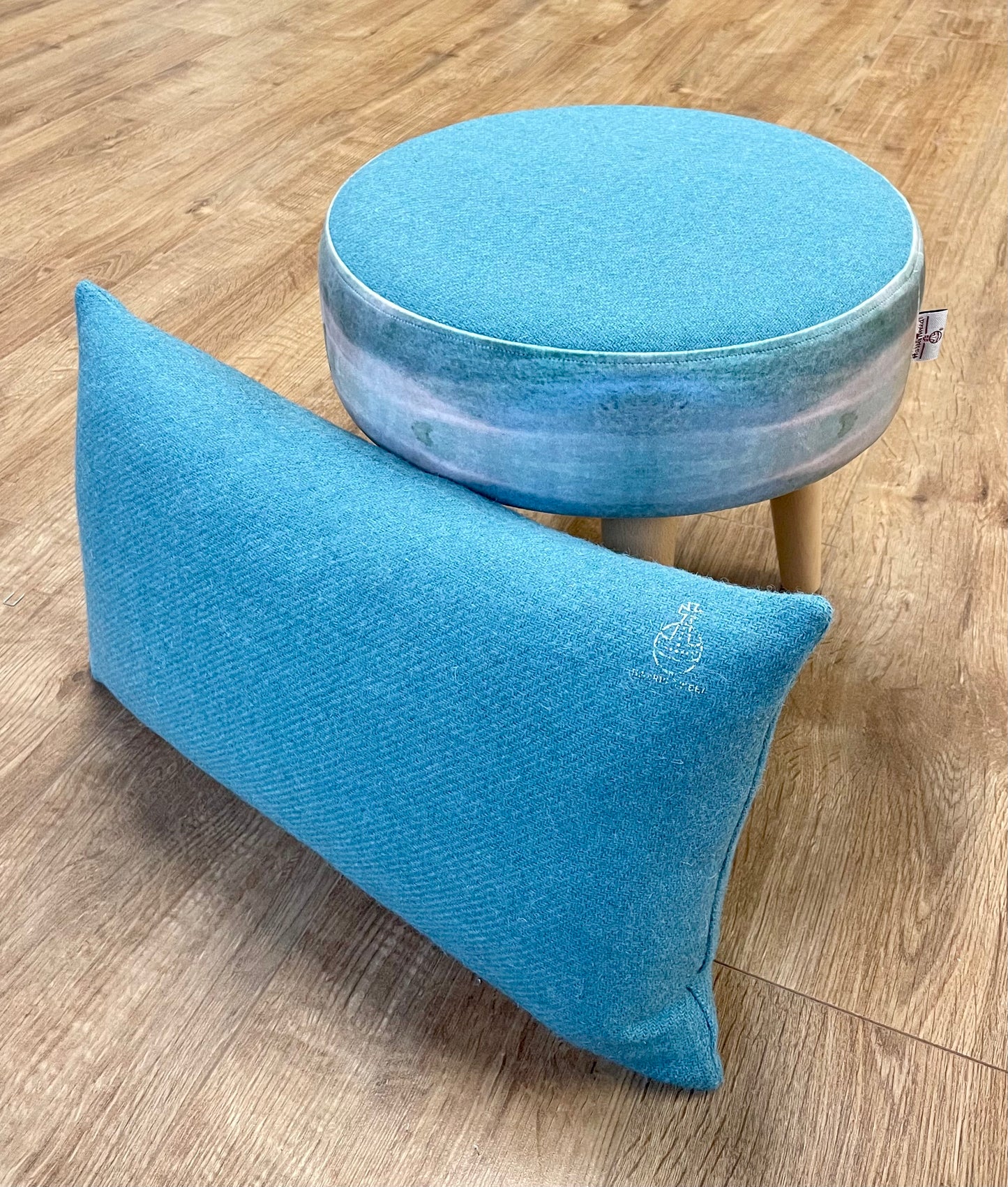 Turquoise Sea Velvet and Harris Tweed Small Footstool